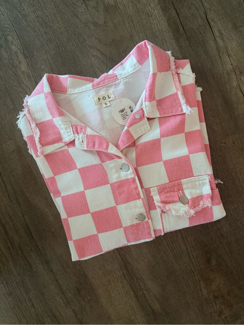 POL Pink & White Checkerboard Button Jacket